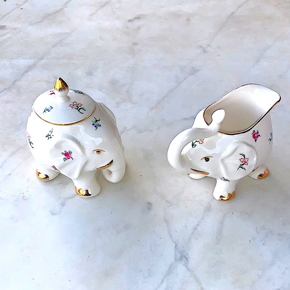 GRACE’S TEAWARE CREAMER & SUGAR BOWL SET ELEPHANT FLOWERS GOLD TRIM - Picture 4 of 14
